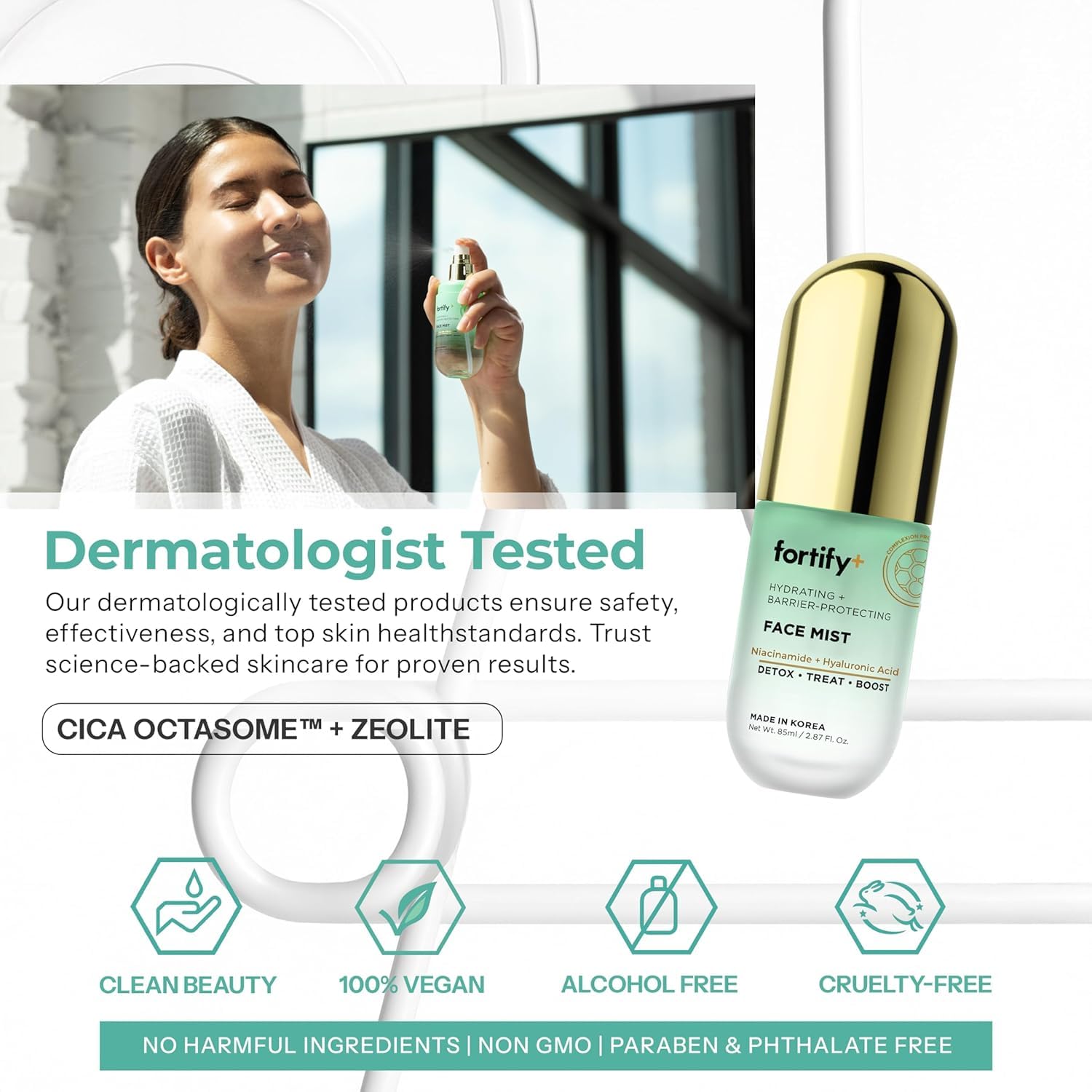 Fortify Skincare ingredient label detail showing niacinamide and hyaluronic acid benefits