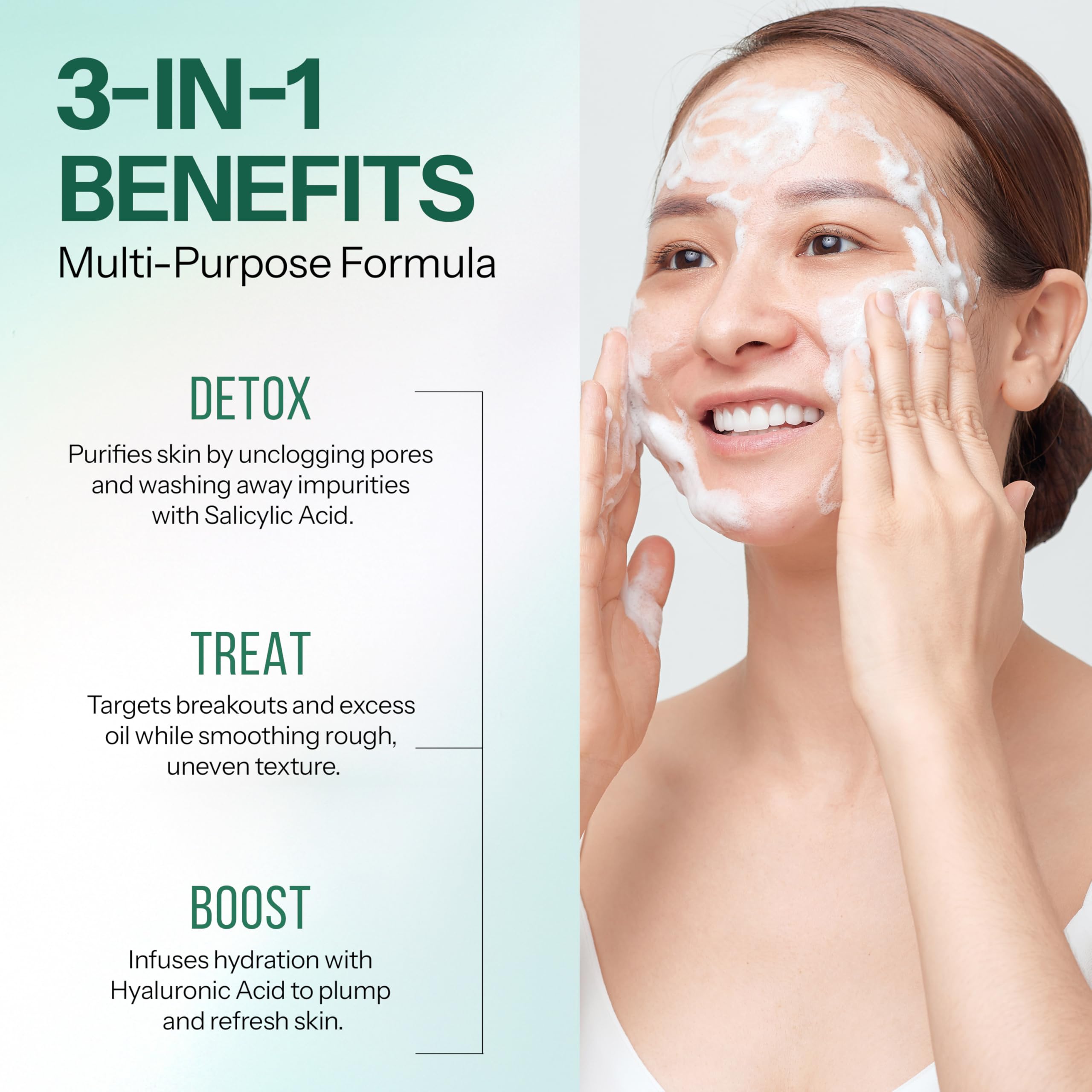 Fortify Skincare ingredients display with salicylic and hyaluronic acids, clarifying benefit