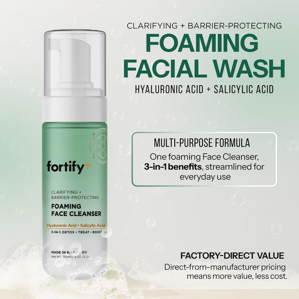 Fortify Skincare dispensing foam from pump, demonstrating easy controlled use benefit