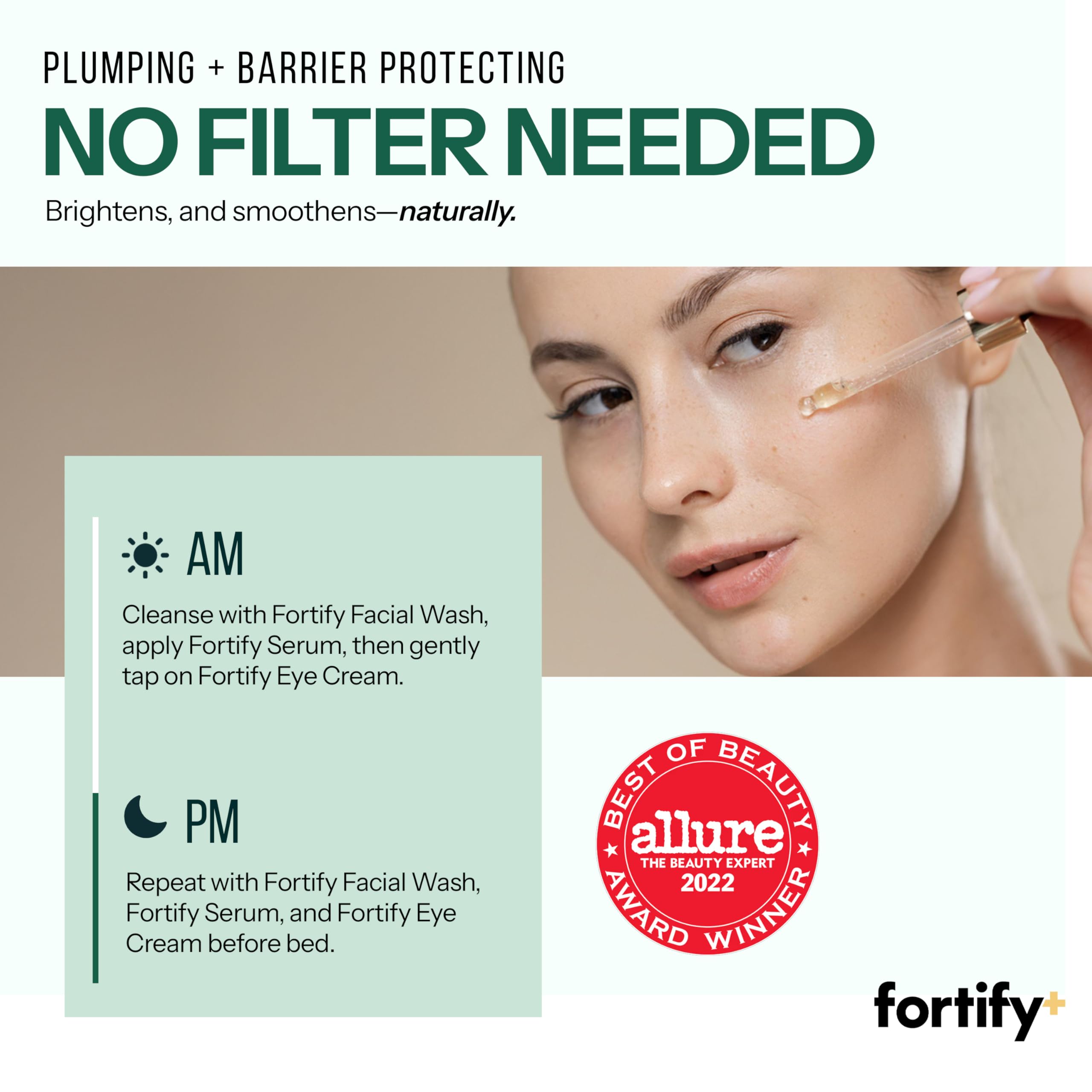 Fortify Skincare serum on hand illustrating quick absorption and plumping effect