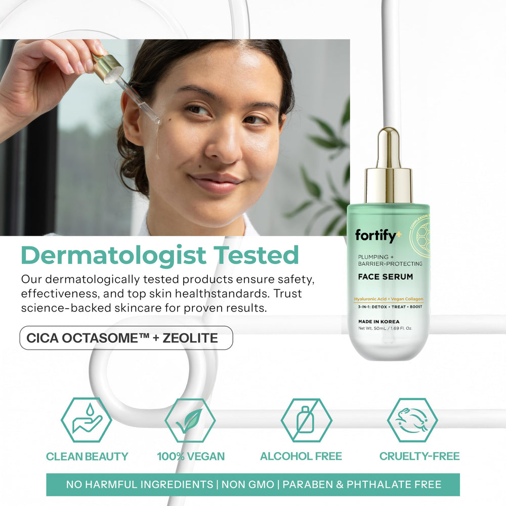 Fortify Skincare bottle on bathroom shelf conveying daily use and clean-beauty lifestyle