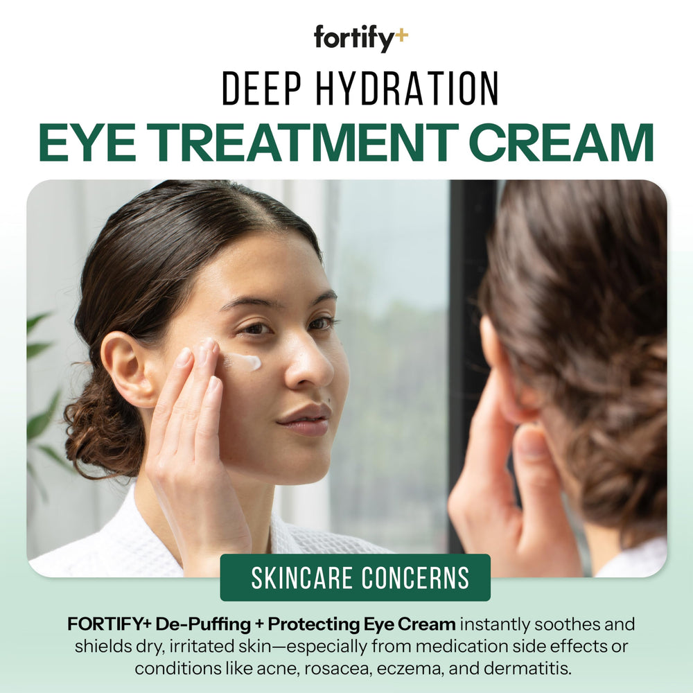 Fortify Skincare applying cream under eye to reduce puffiness effectively