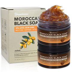 forvirness front view of black beldi soap showing packaging and bar benefit visible