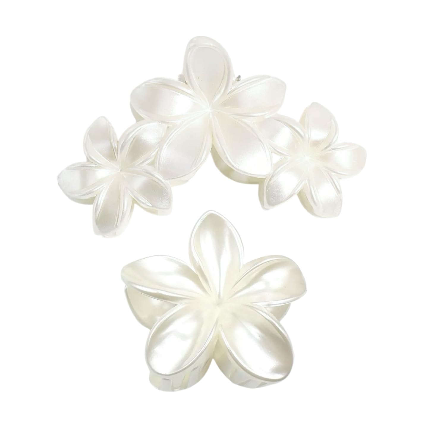 Fosrisix front view of pearl white plumeria claw clips shows elegant floral accessory