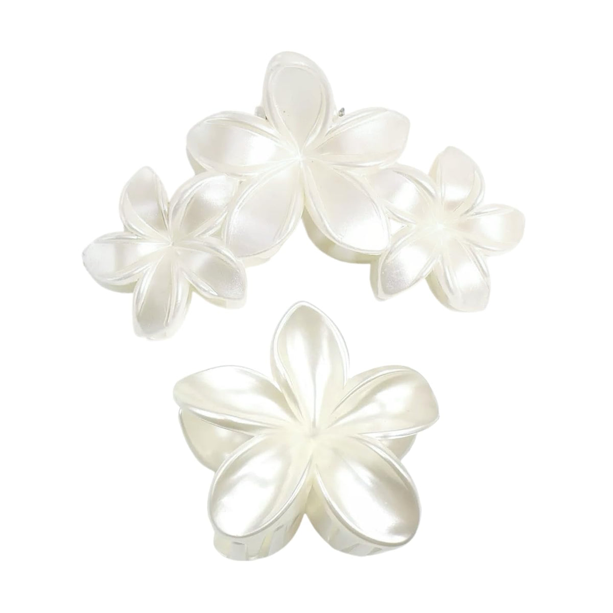 Fosrisix front view of pearl white plumeria claw clips shows elegant floral accessory