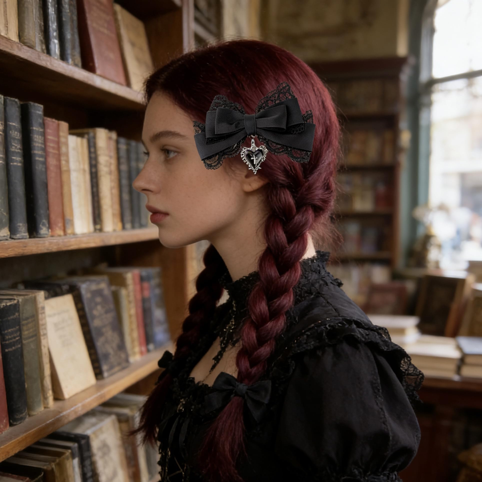 Fosrisix bow clipped in hair side profile offering dramatic punk-goth silhouette