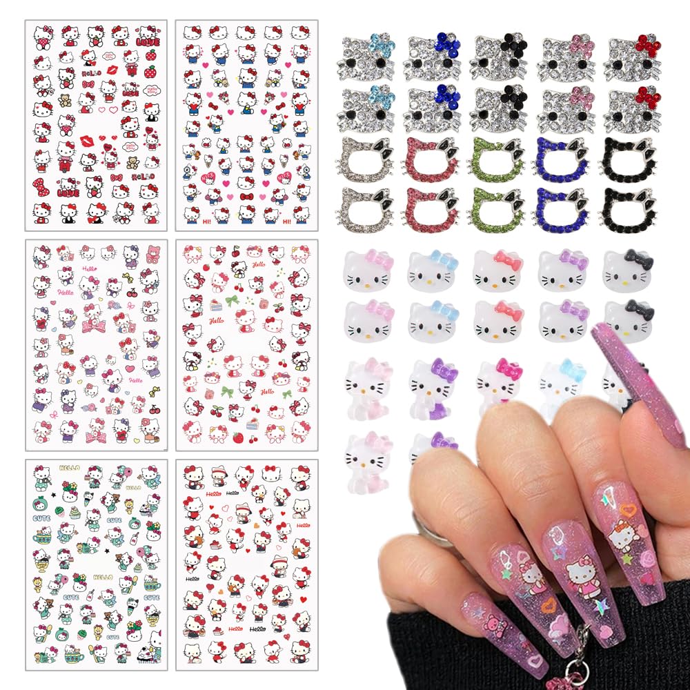 Foweso front packaging showing 46-piece cute cat nail charm kit and stickers for easy selection