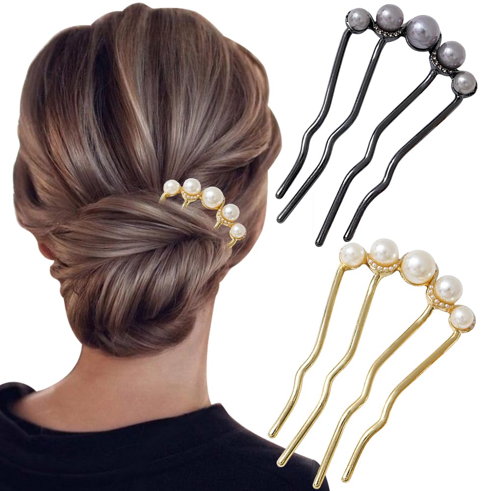 FQYN front view of pearl U-shaped hair pins showing elegant finish and easy styling benefit