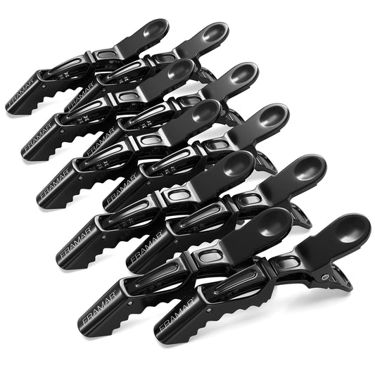 FRAMAR front view of ten black alligator clips showing durable hold