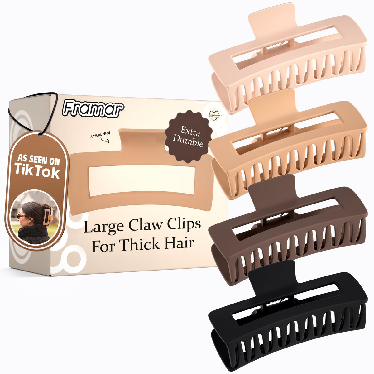 FRAMAR front view of clip set showing matte finish and neutral colors for versatile styling
