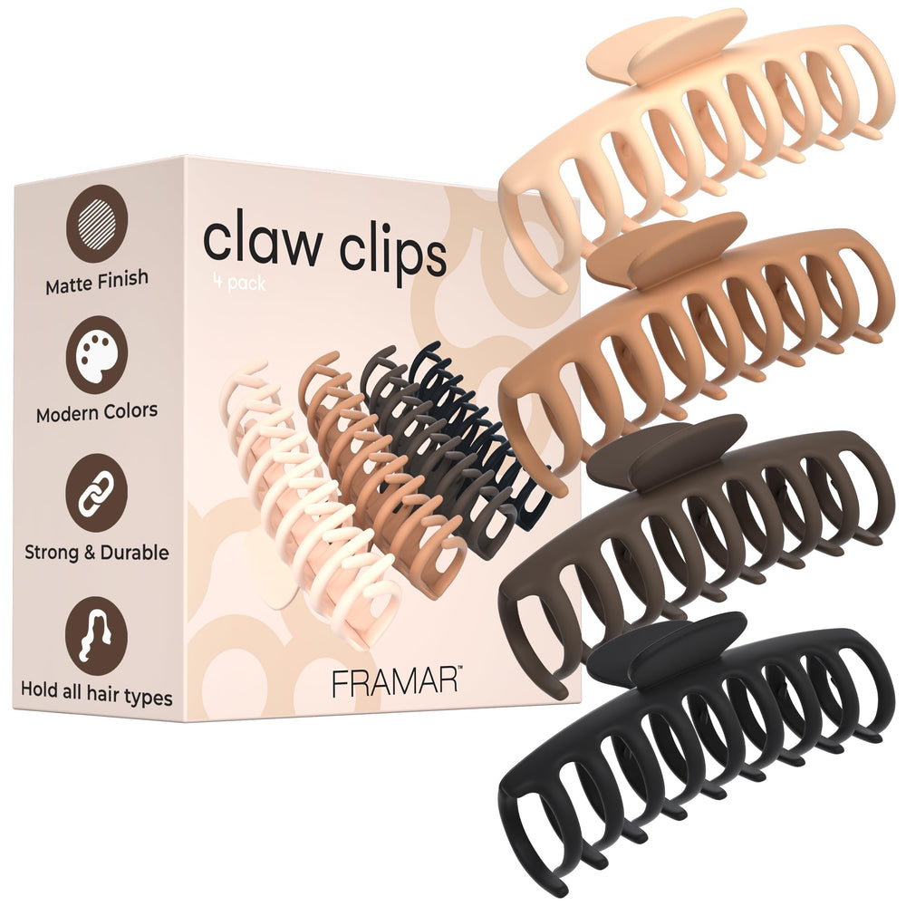 FRAMAR front view of four large claw clips showing neutral colors and matte finish, stylish convenience