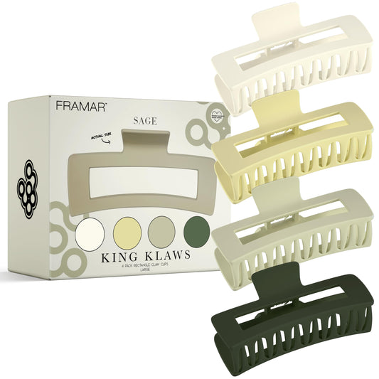 FRAMAR front view of four sage green claw clips showing color variety and compact pack — stylish secure hold