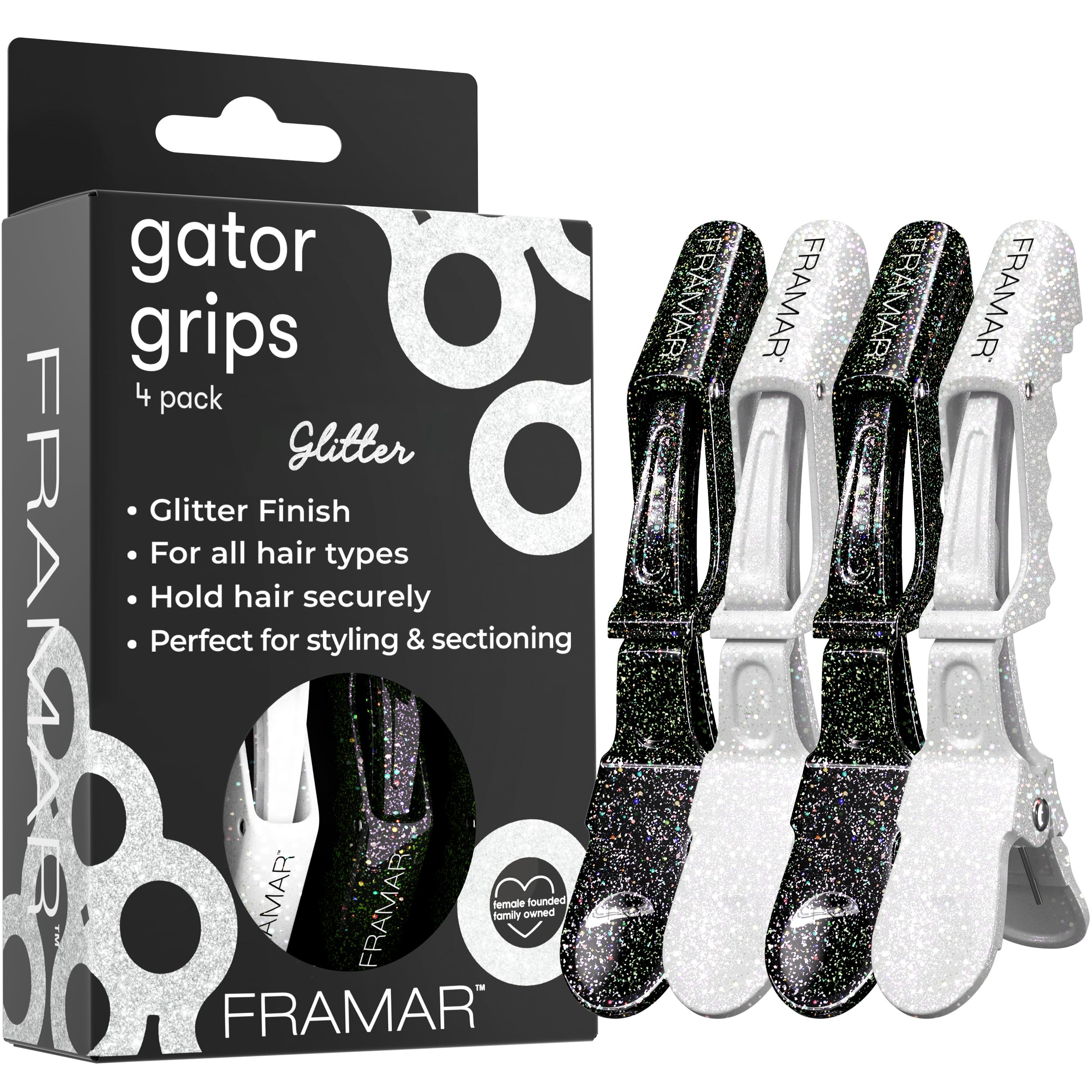 FRAMAR glitter alligator clip front view showing secure grip and fashion detail