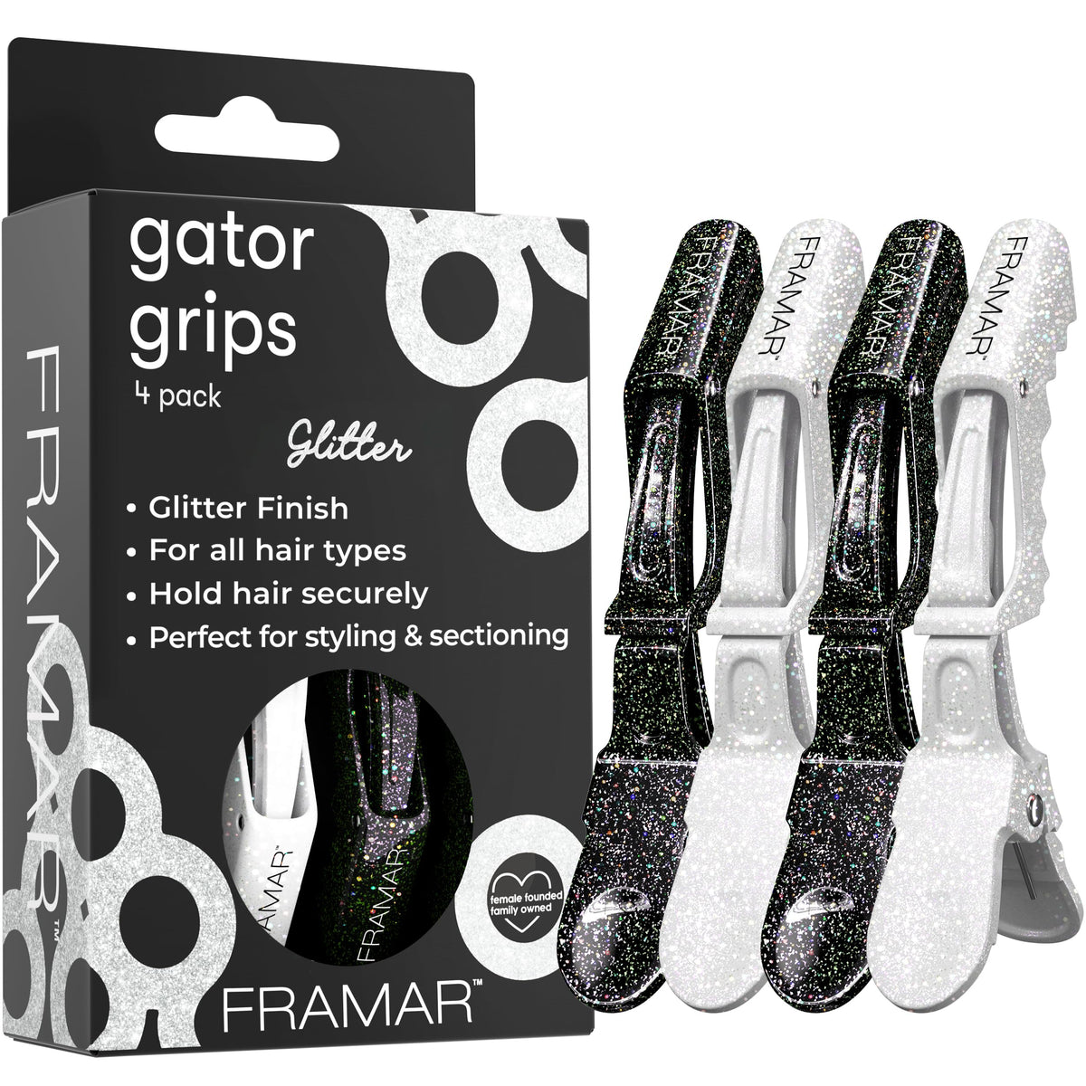 FRAMAR glitter alligator clip front view showing secure grip and fashion detail