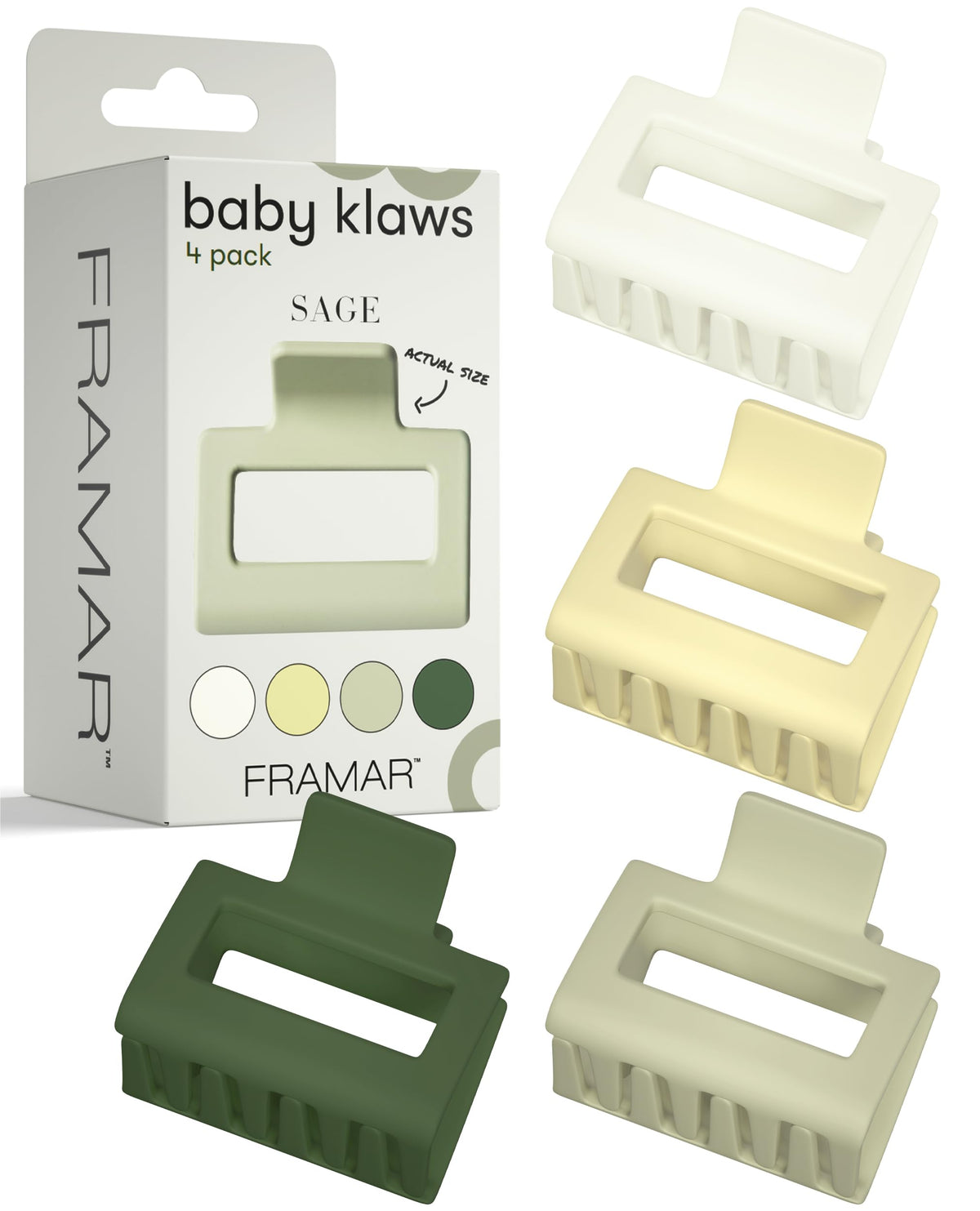 FRAMAR medium claw clip front pack showing four green shades and packaging benefits