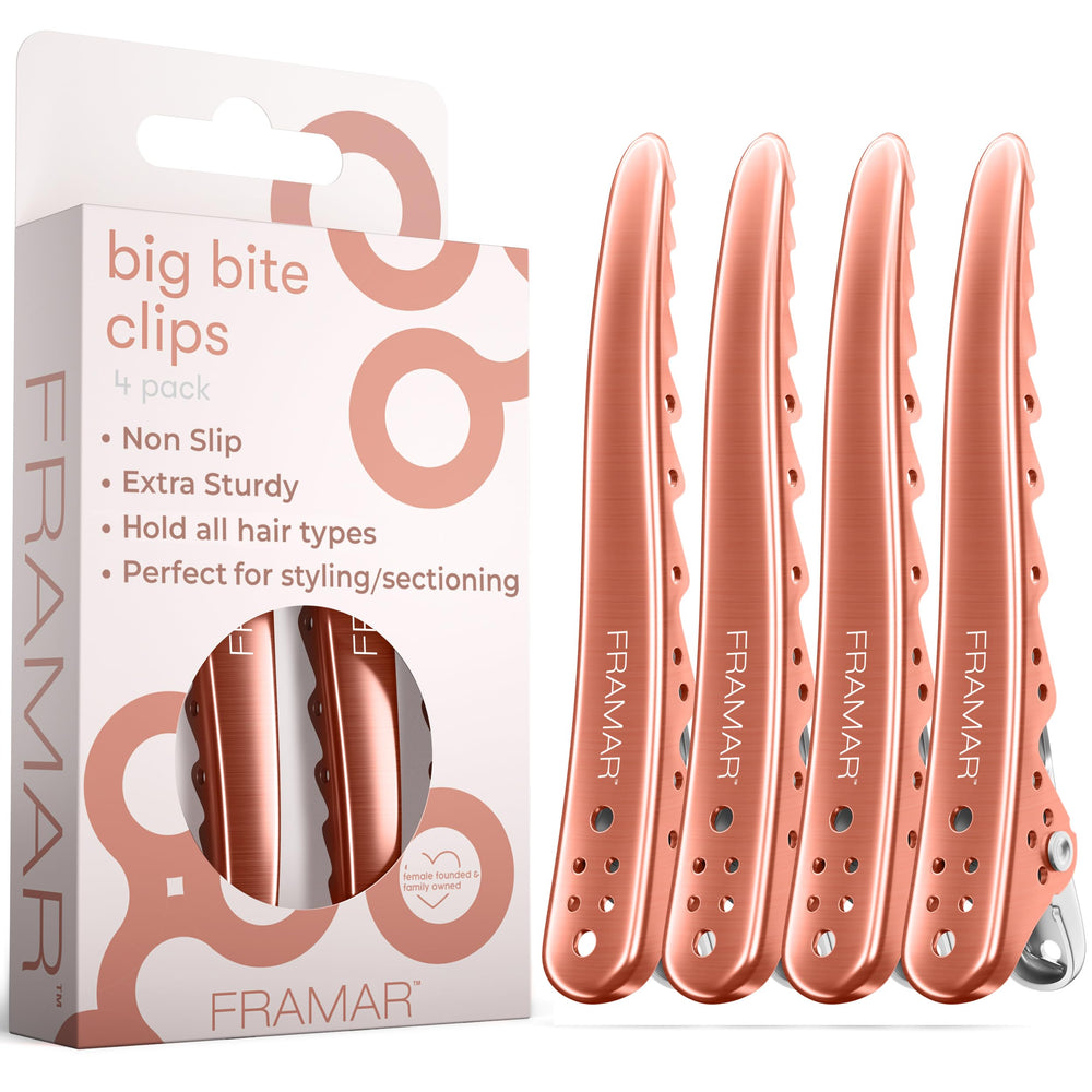 FRAMAR front view of four rose-gold metal clips showing professional finish and durability
