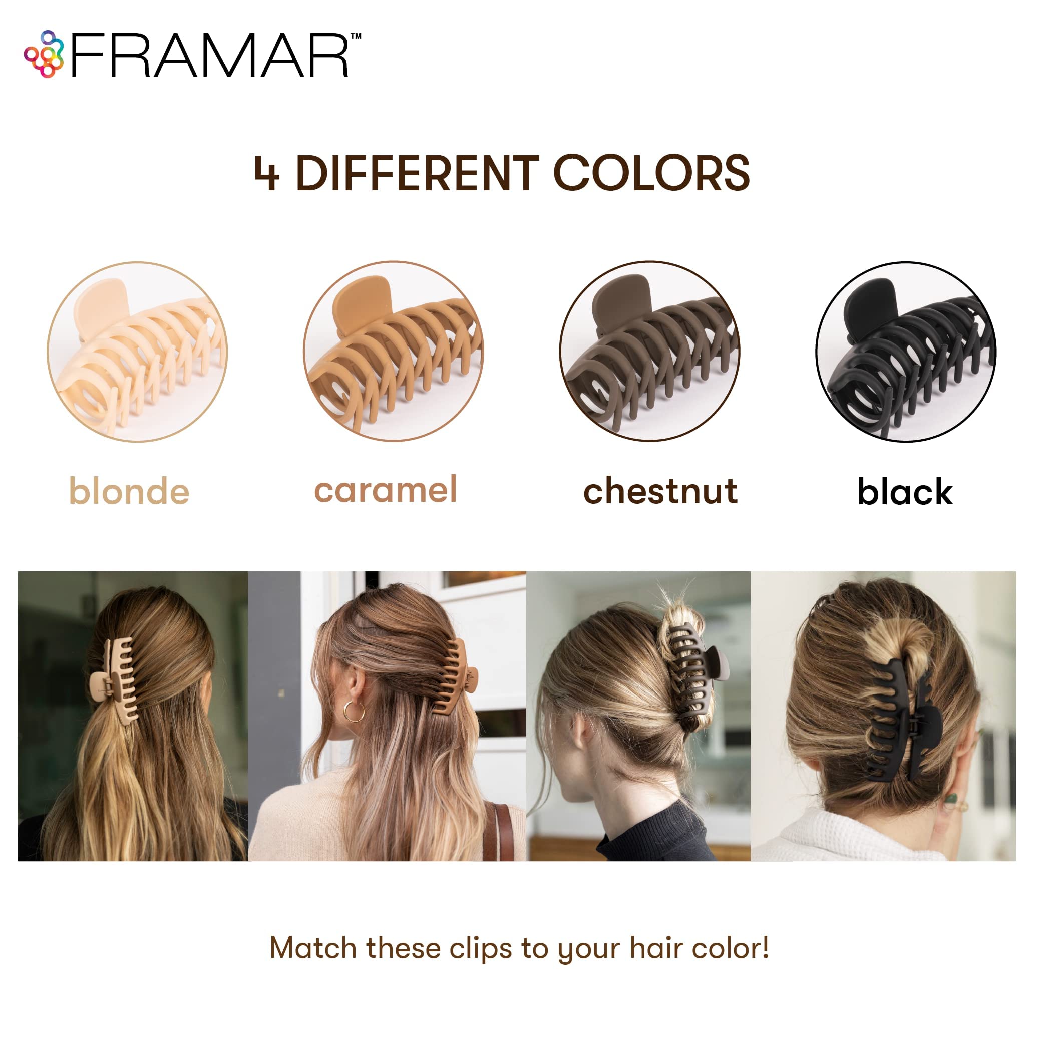 FRAMAR clip held in hand showing extra-large scale ideal for voluminous hair