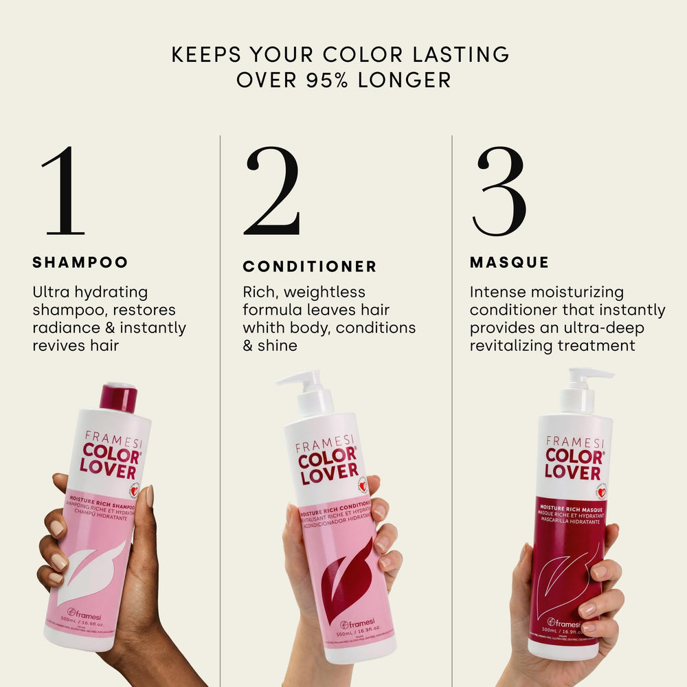 Framesi size comparison with hand showing 33.8 fl oz volume for value and longevity