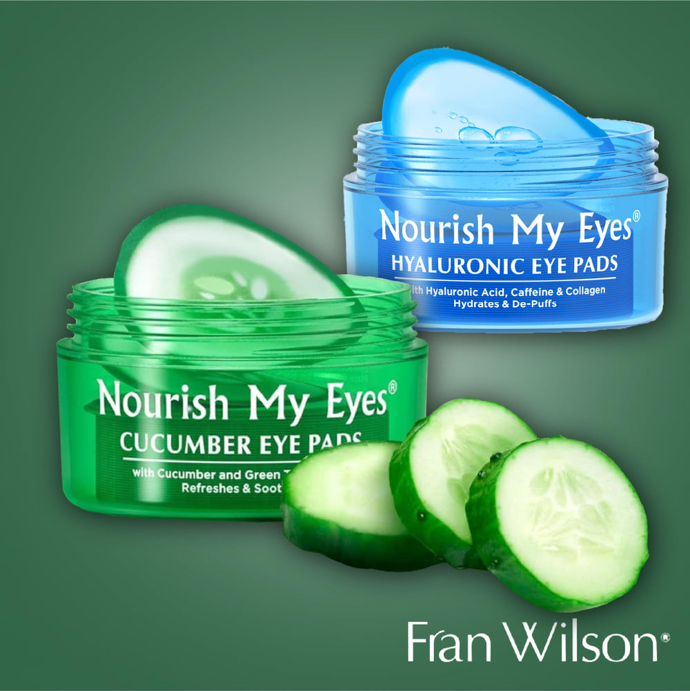 Fran Wilson pads on vanity next to cucumber slice emphasizing at-home spa benefit