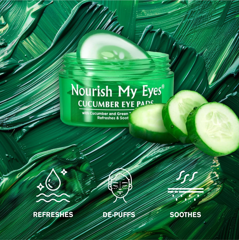 Fran Wilson pads applied to under eyes demonstrating cooling cucumber effect