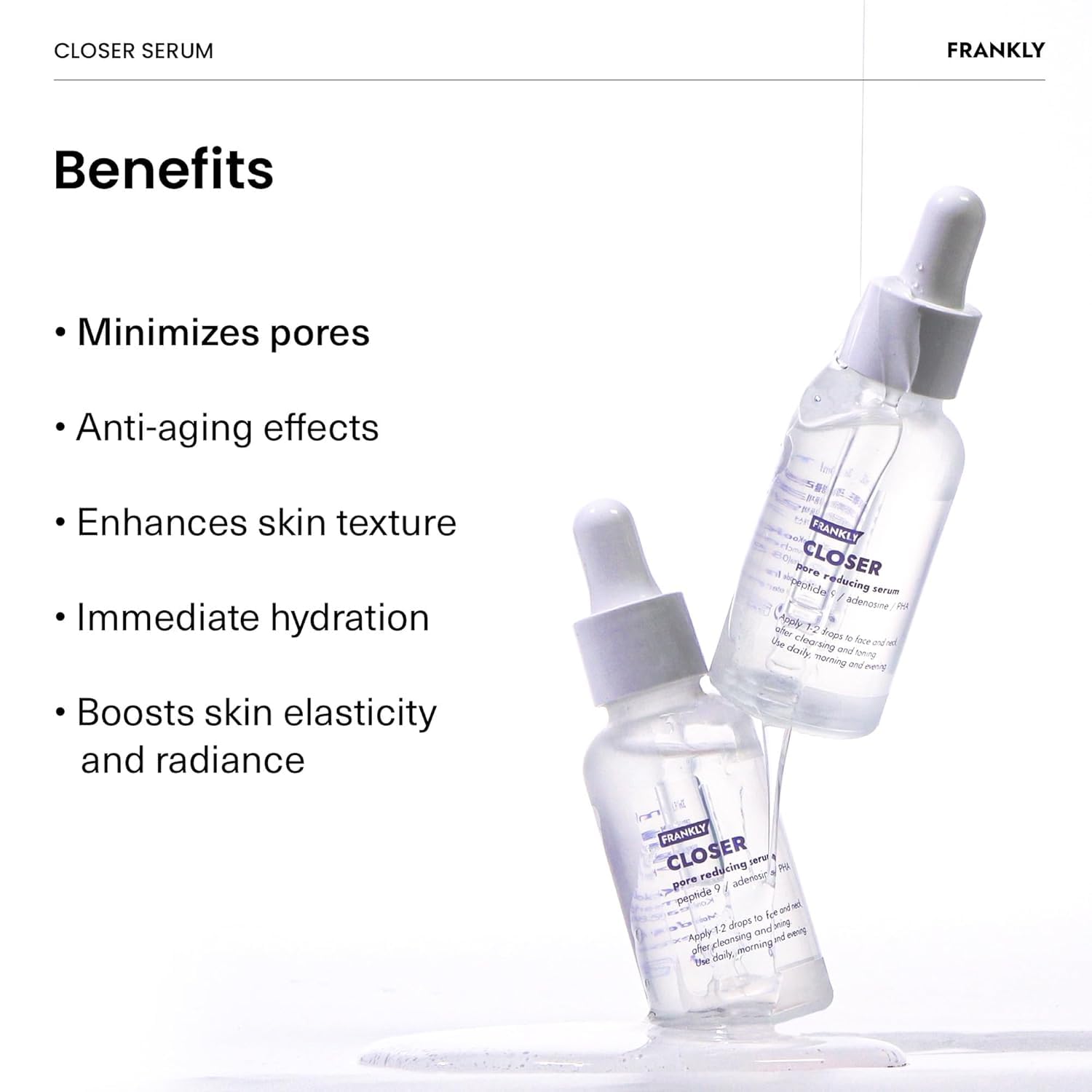 FRANKLY Closer Serum applied on hand demonstrating silky, non-greasy finish