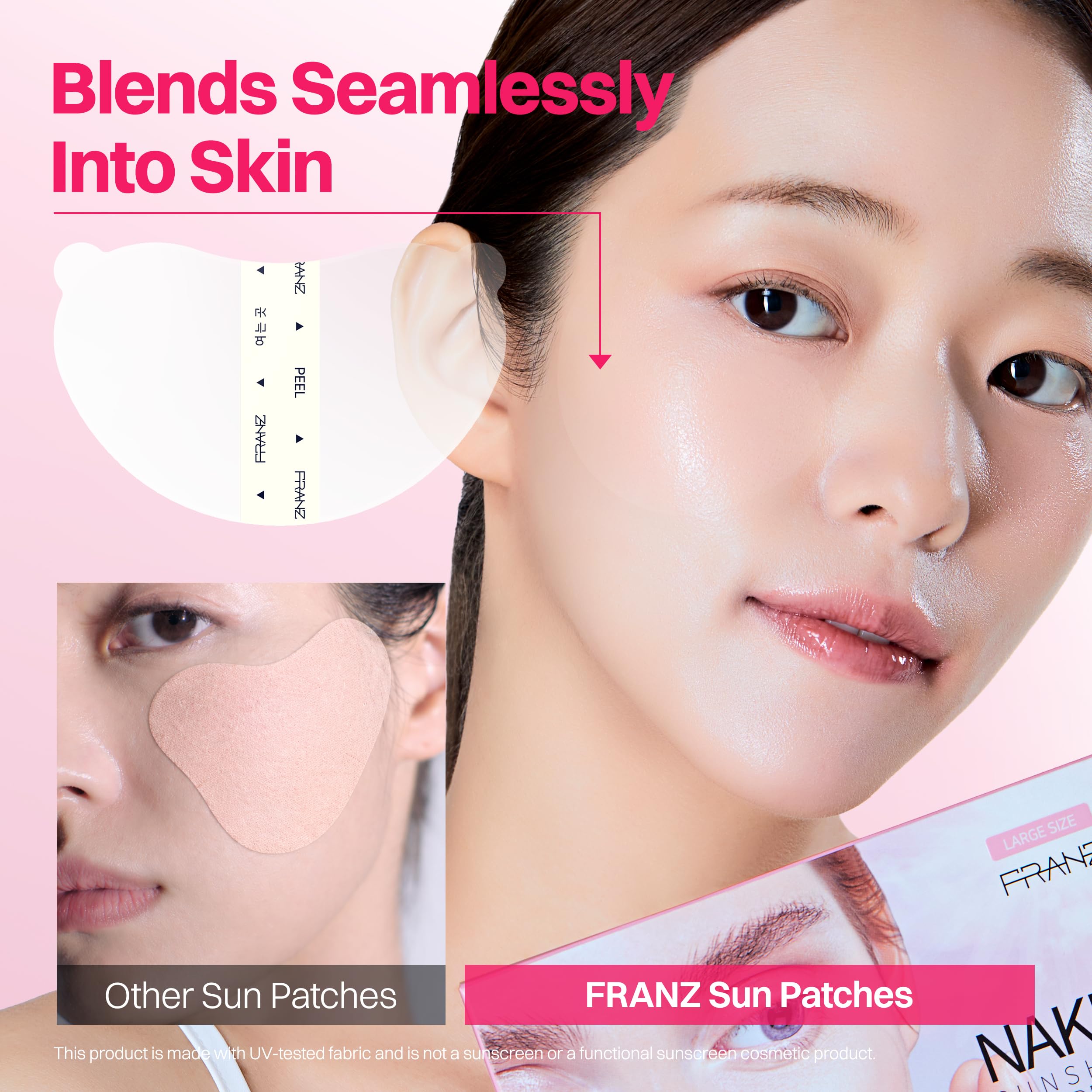 FRANZ patches covering forehead and jawline illustrating wide-area sun protection