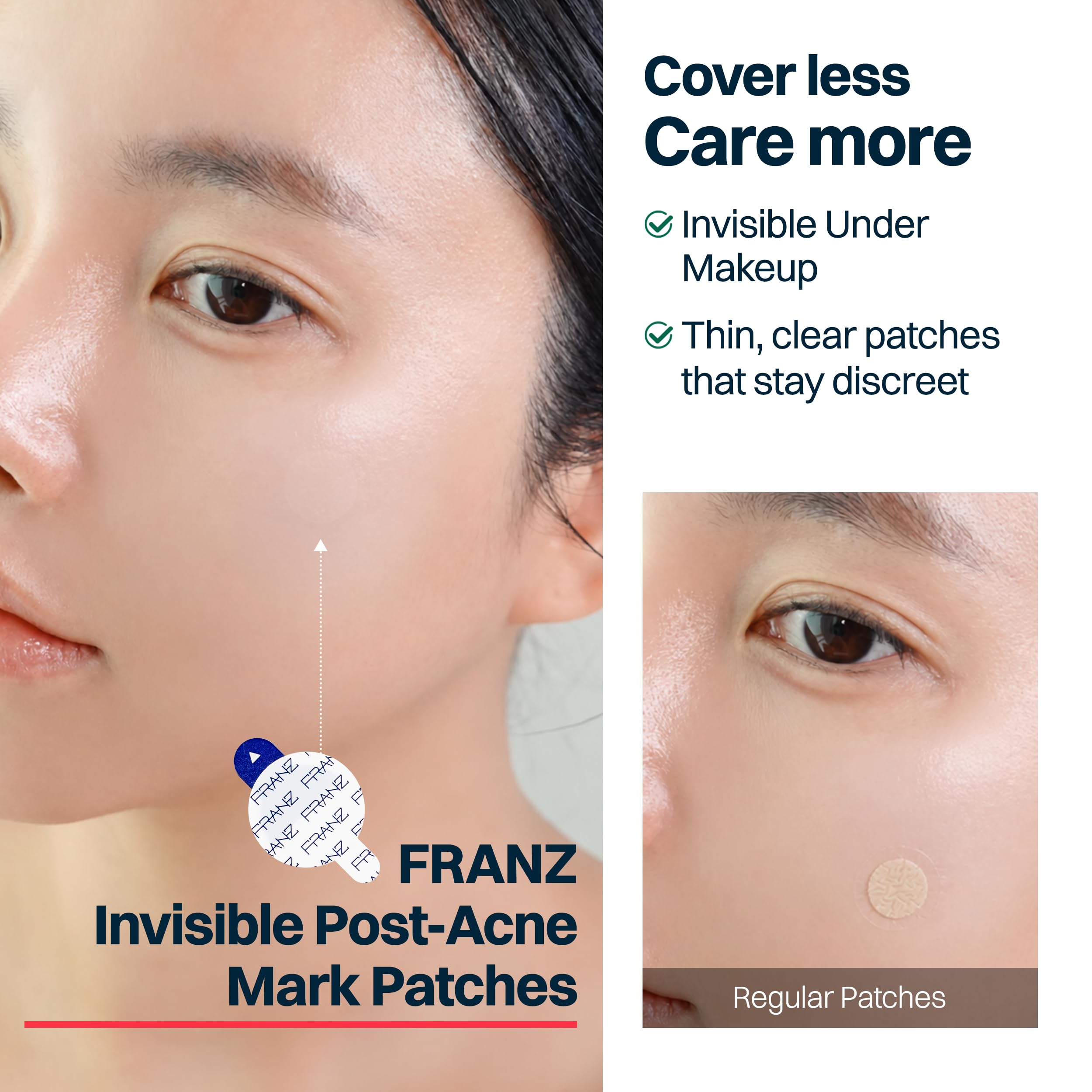 FRANZ patch under foundation showing makeup-friendly concealment and confidence