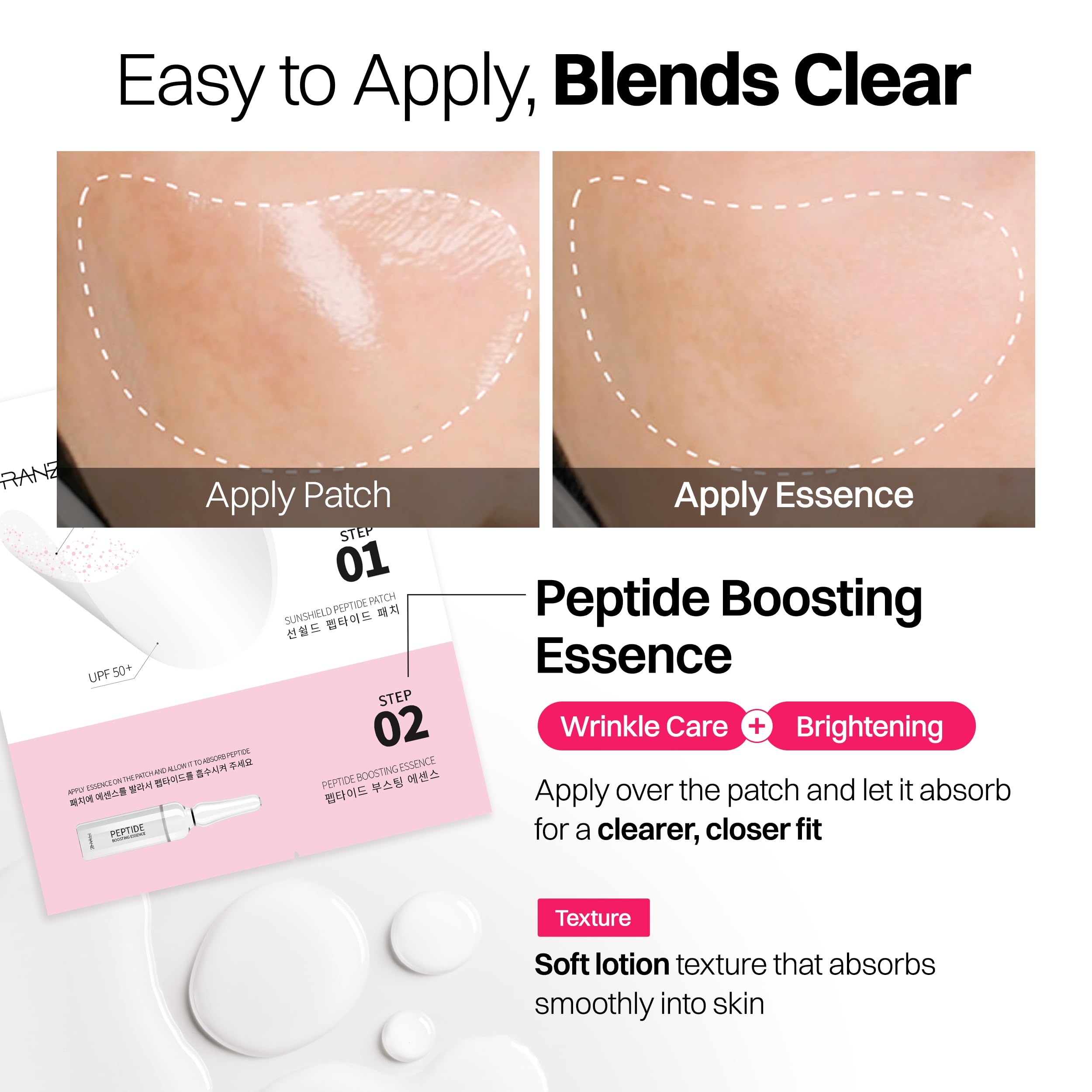 FRANZ peptide essence bottle next to patch highlighting hydration and smoothing benefit