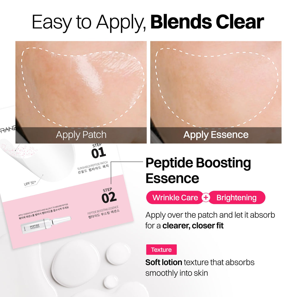 FRANZ peptide essence bottle next to patch highlighting hydration and smoothing benefit
