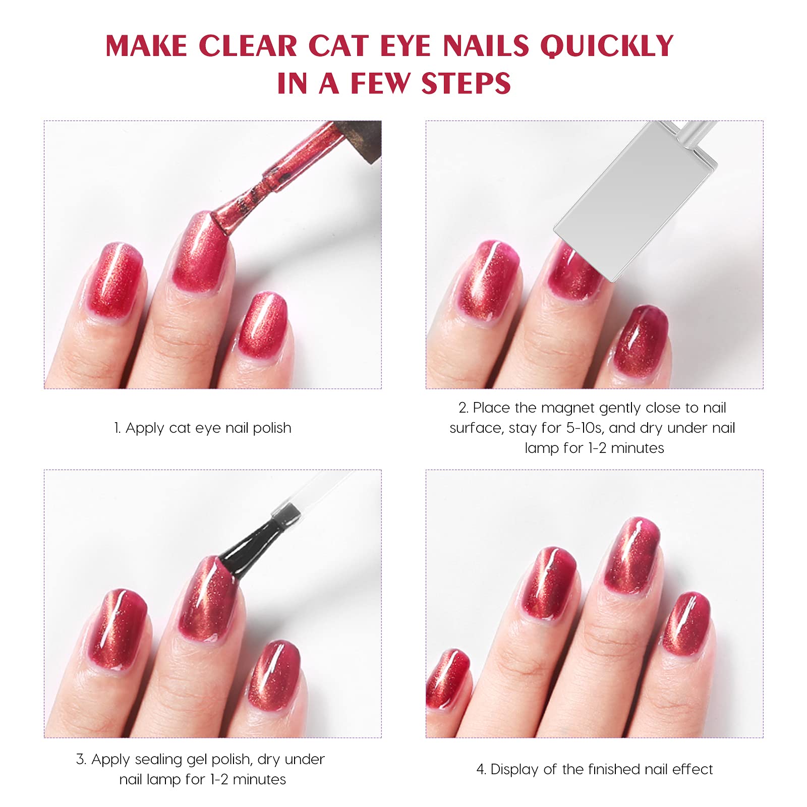 FRCOLOR magnet held over wet gel showing instant 3D cat-eye formation benefit