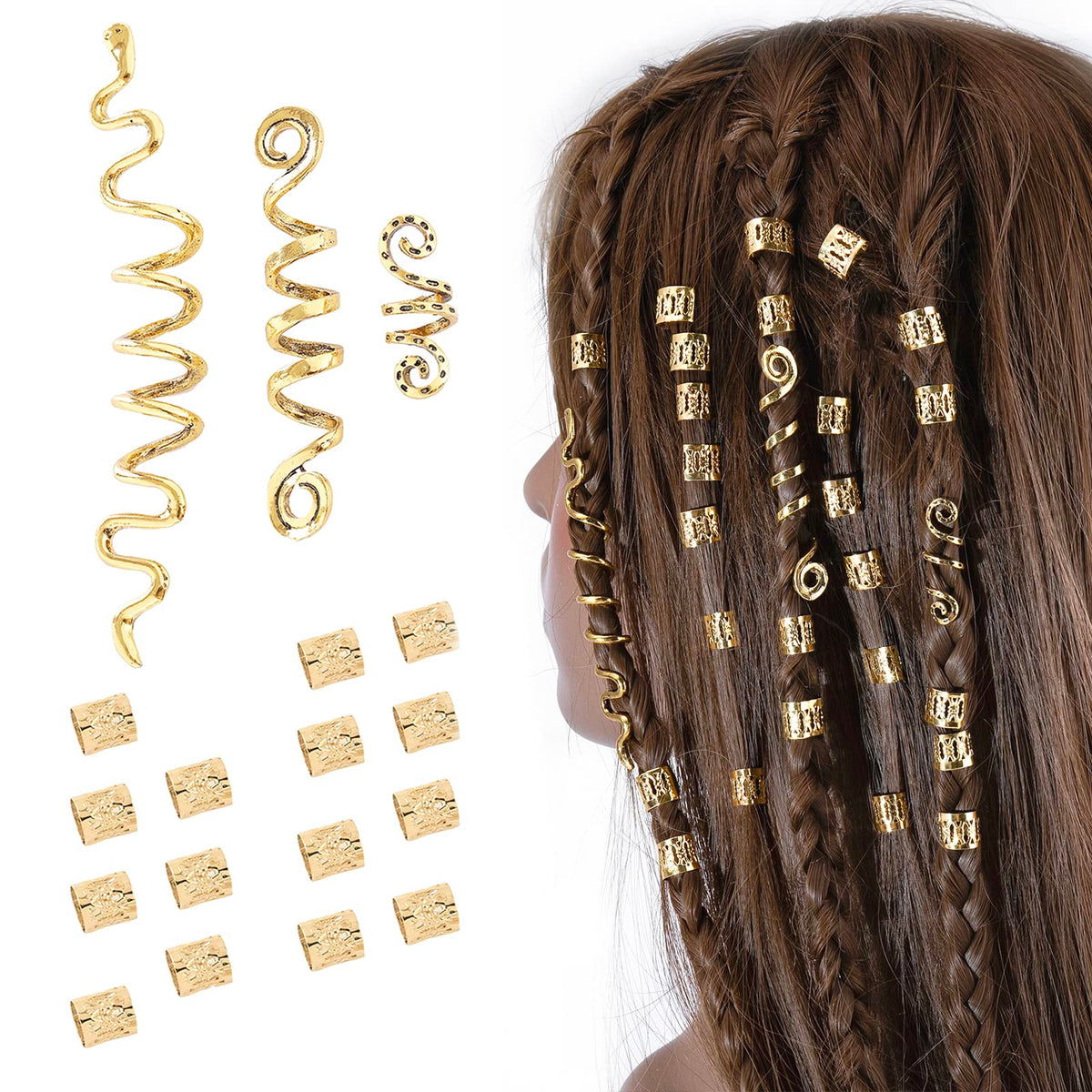FRDTLUTHW front packaging showing 18 gold hair jewelry pieces, display benefit