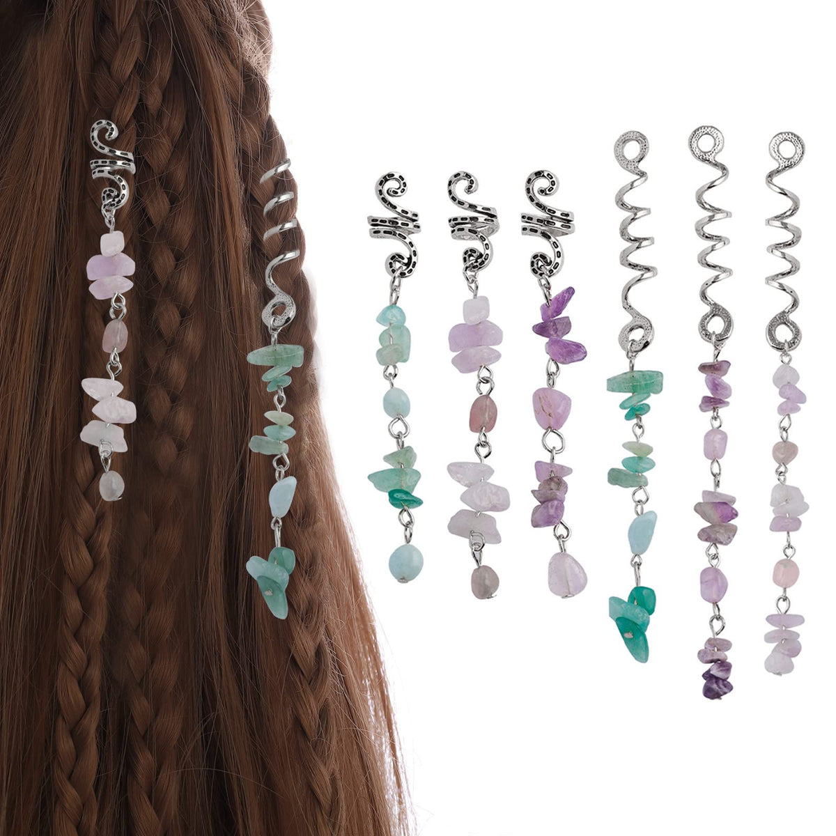 FRDTLUTHW front view of six silver-mix hair tassel charms showing variety and convenience
