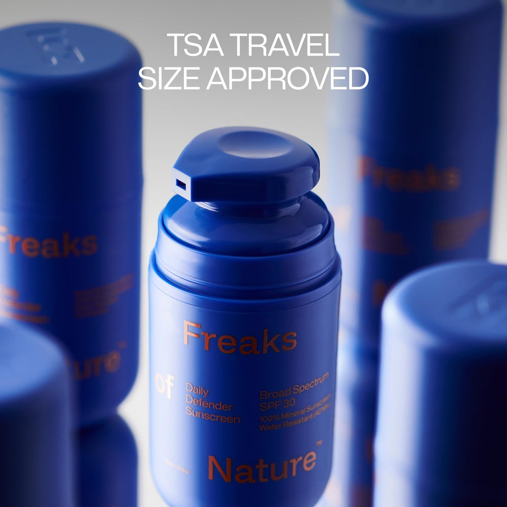 Freaks of Nature 1.7 oz tube next to sunglasses showing travel-ready size
