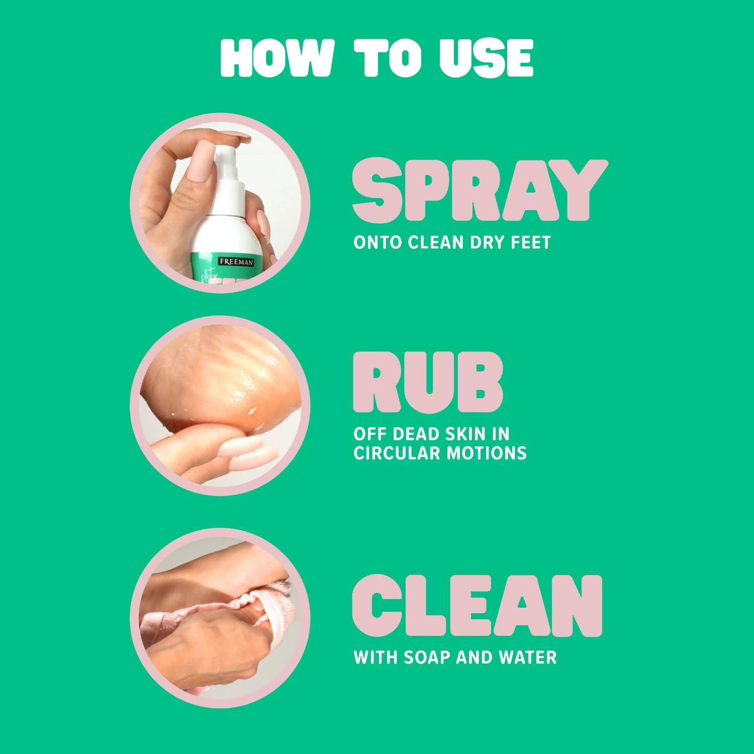 Freeman applying spray to foot with hand showing simple at-home use benefit