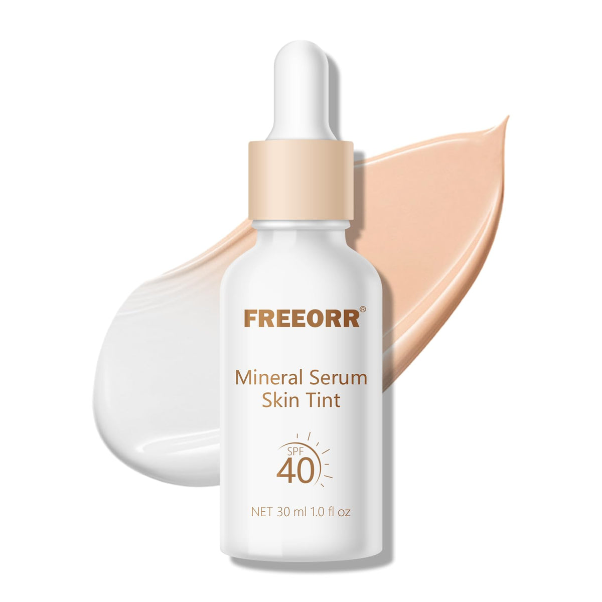 FREEORR front bottle view showing compact SPF 40 tinted serum and packaging benefit