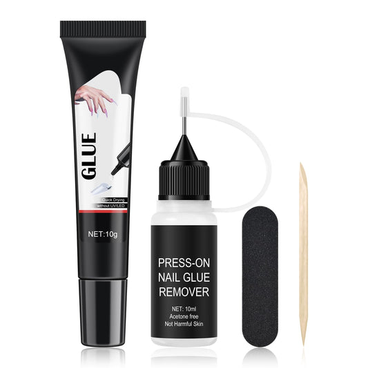FREEORR kit front packaging showing glue remover and tools for instant press-on benefits