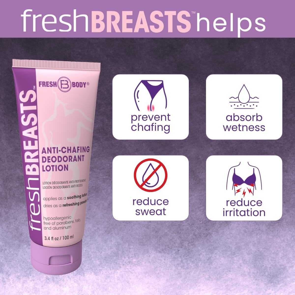 Fresh Body Fresh BREASTS being applied under-breast to reduce friction and sweat