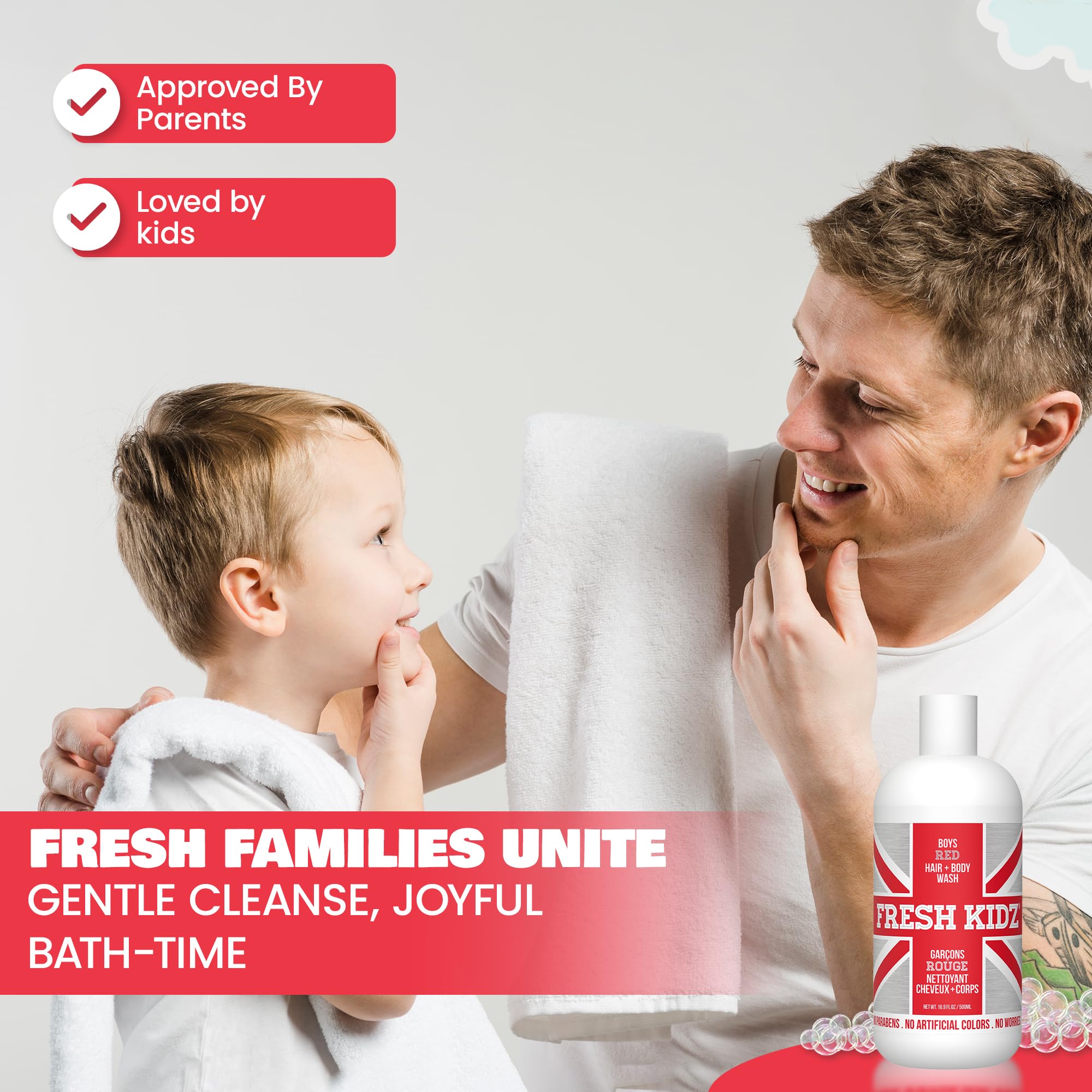 Fresh Kidz bottle on bathroom shelf suggesting convenient everyday placement