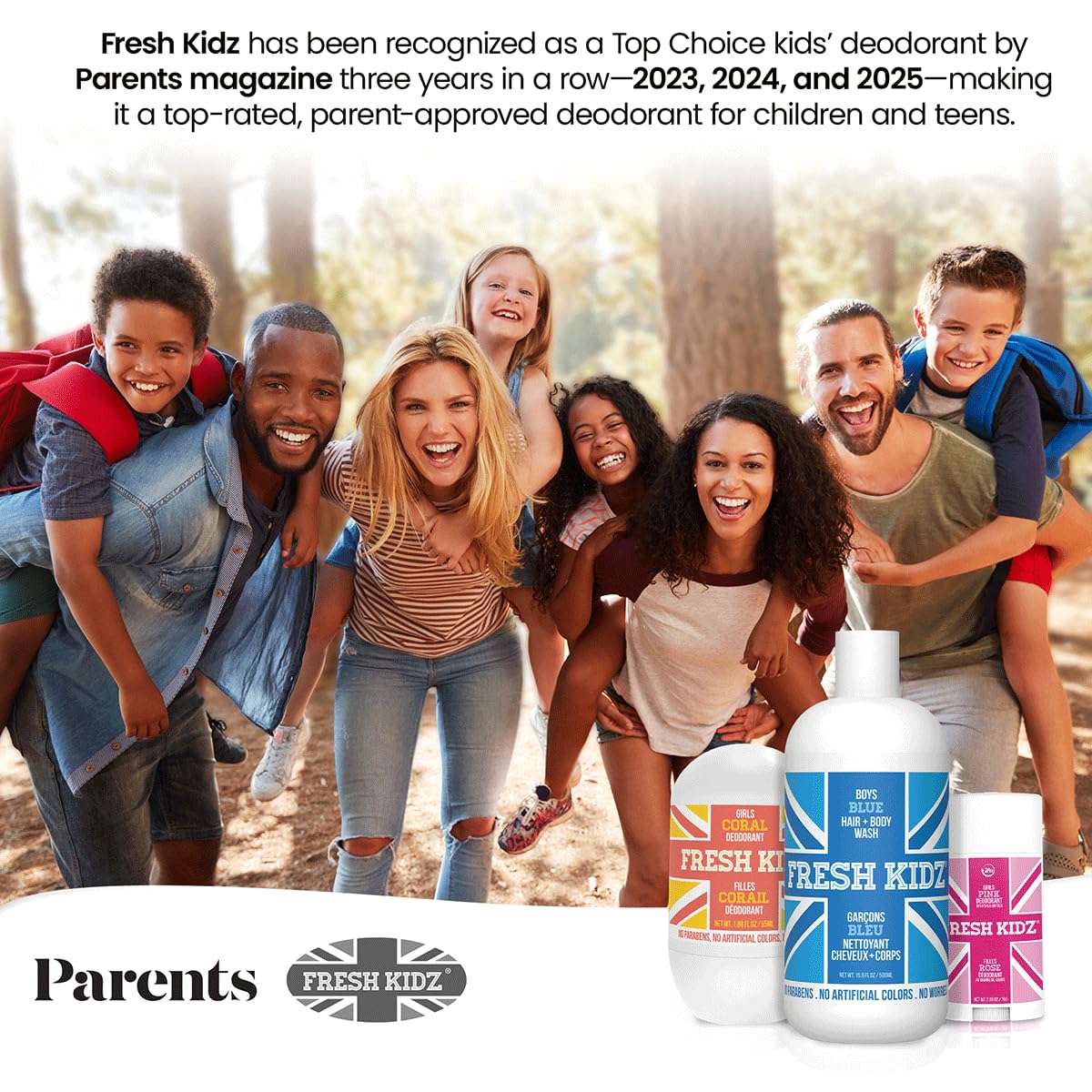 Fresh Kidz close-up label highlighting ingredient exclusions and benefits for parents