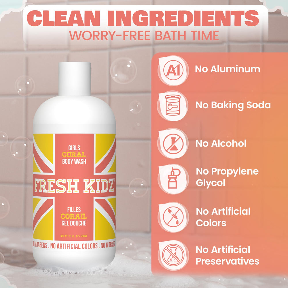 Fresh Kidz girls coral back label highlights ingredients list and parental confidence benefit