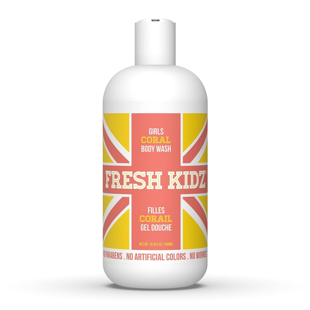 Fresh Kidz girls coral front bottle shows packaging and kid-friendly design benefit