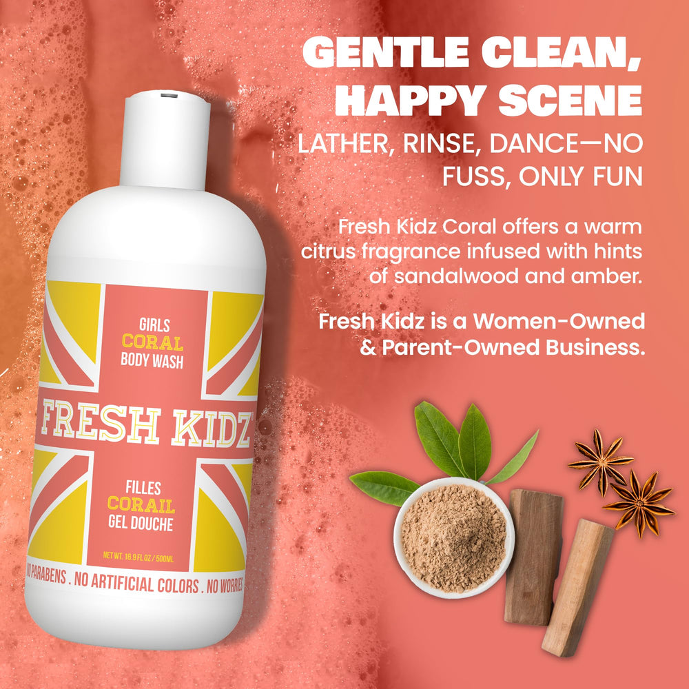 Fresh Kidz girls coral in shower use shows child enjoying bath time and effective cleansing benefit