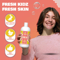 Fresh Kidz girls coral lather texture close-up showing rich gentle foam for soft skin benefit