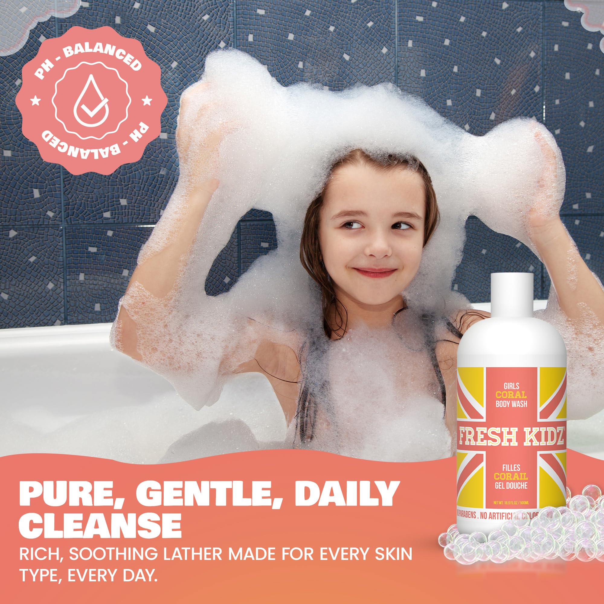Fresh Kidz girls coral pump action dispenses gentle cleanser for easy use benefit