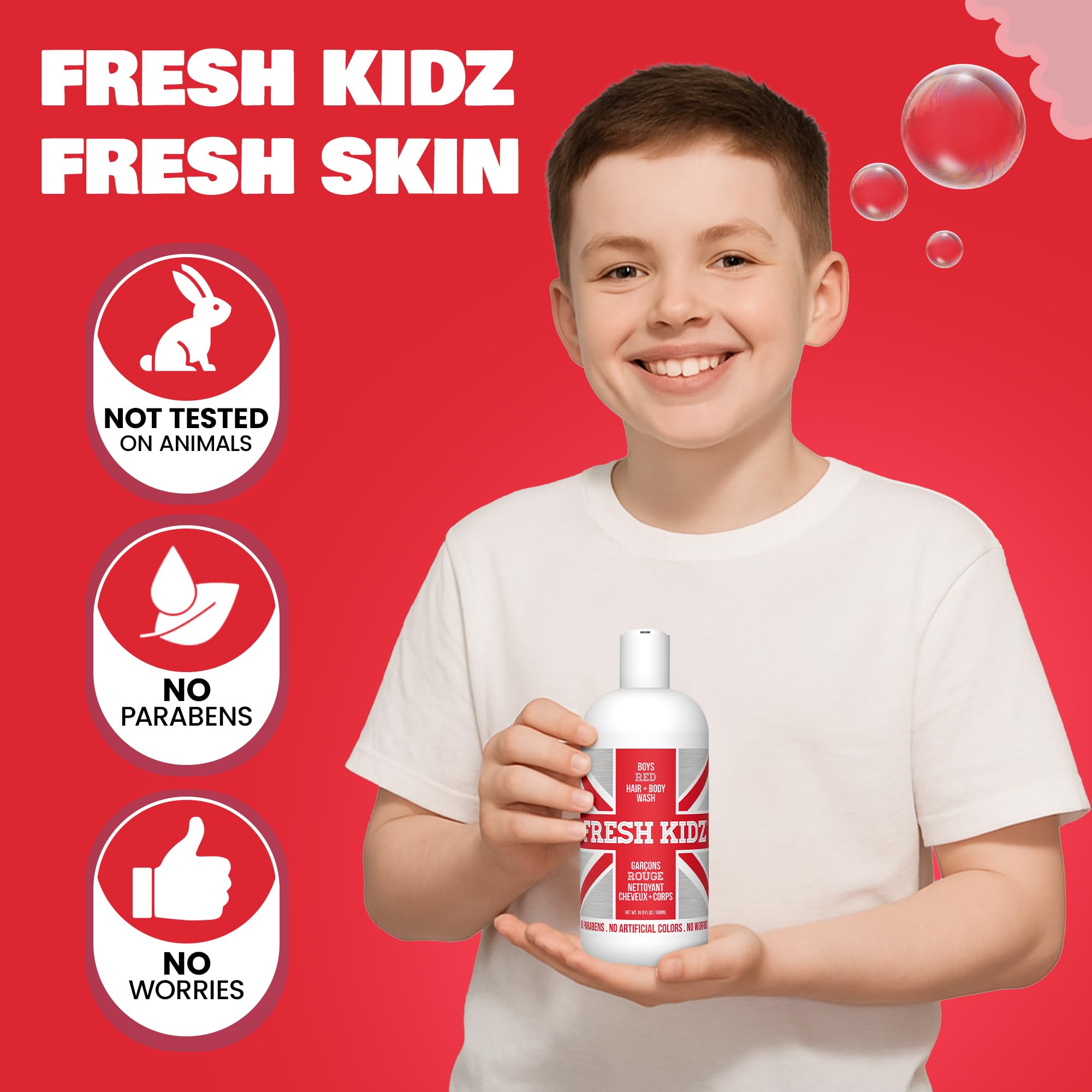 Fresh Kidz shampoo in hands illustrating easy 2-in-1 use for hair and body