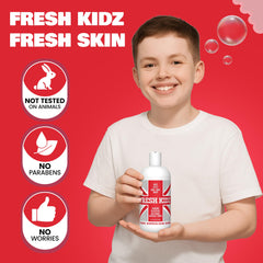 Fresh Kidz shampoo in hands illustrating easy 2-in-1 use for hair and body