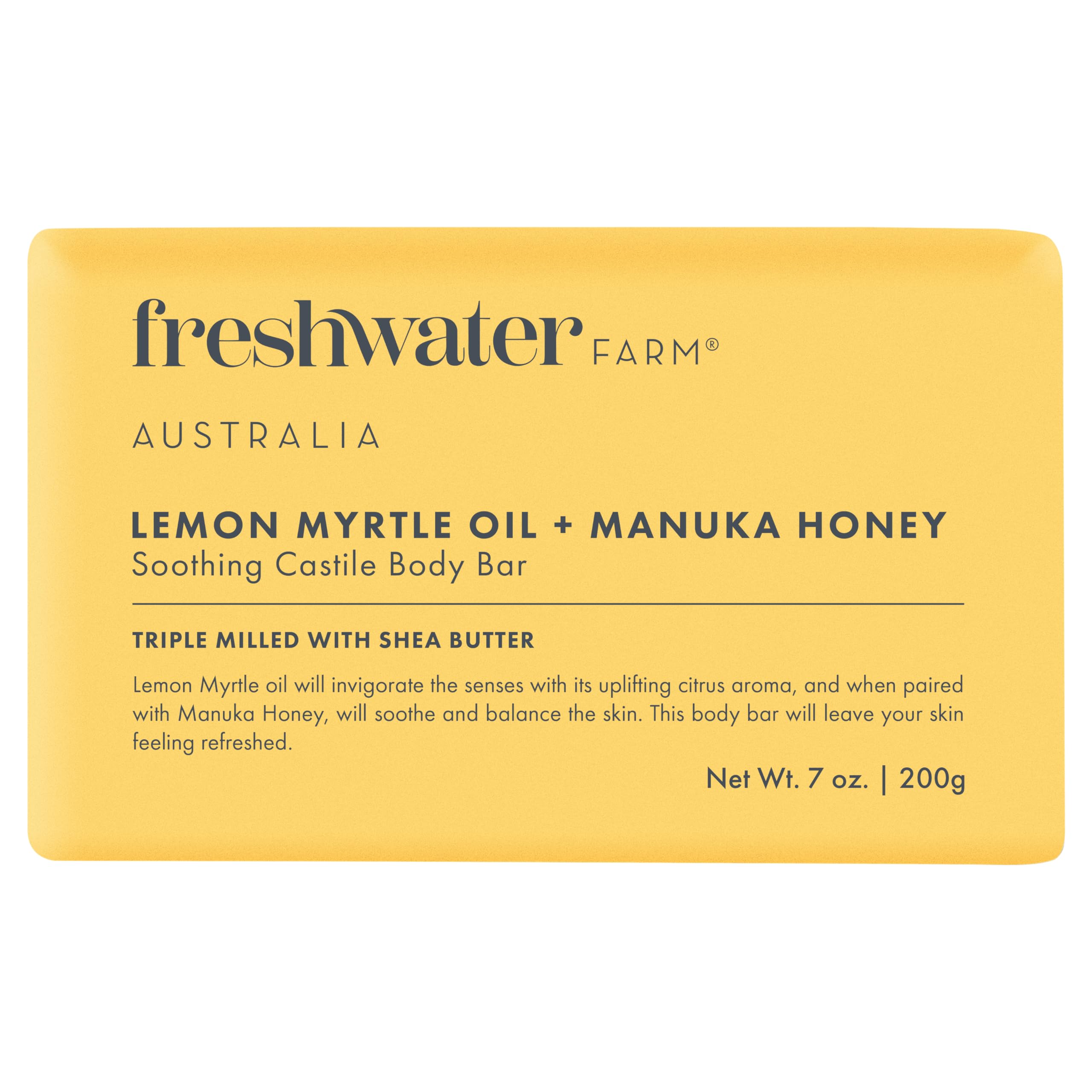 Freshwater Farm Australia body bar front packaging showing natural ingredients and benefit