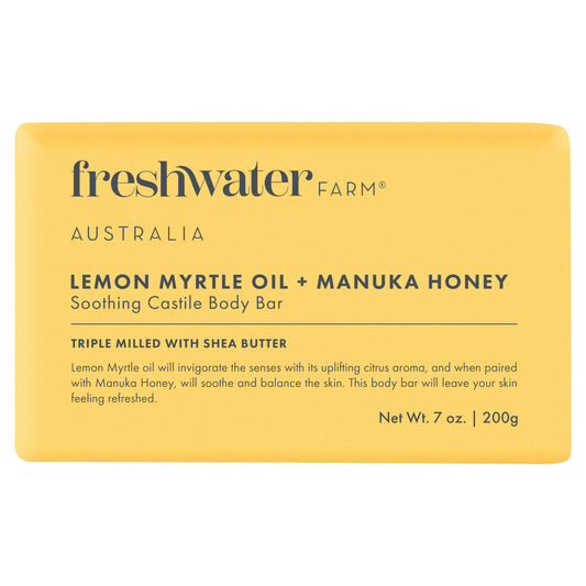 Freshwater Farm Australia body bar front packaging showing natural ingredients and benefit