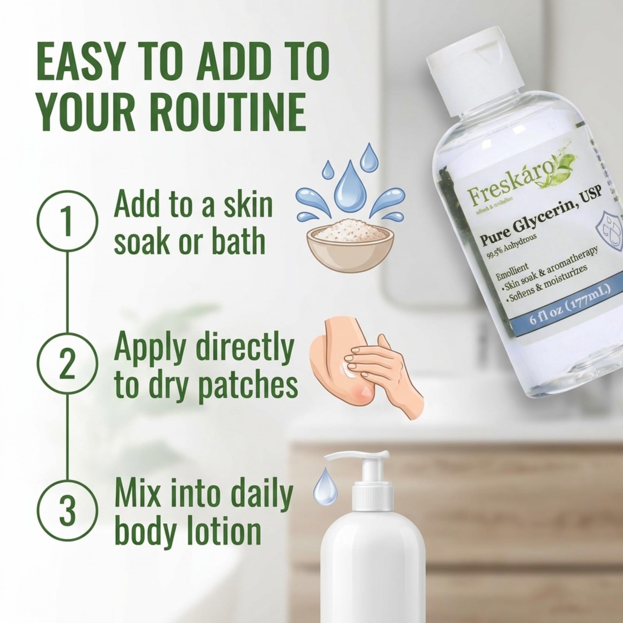 Freskáro glycerin drops on skin showing immediate hydration boost