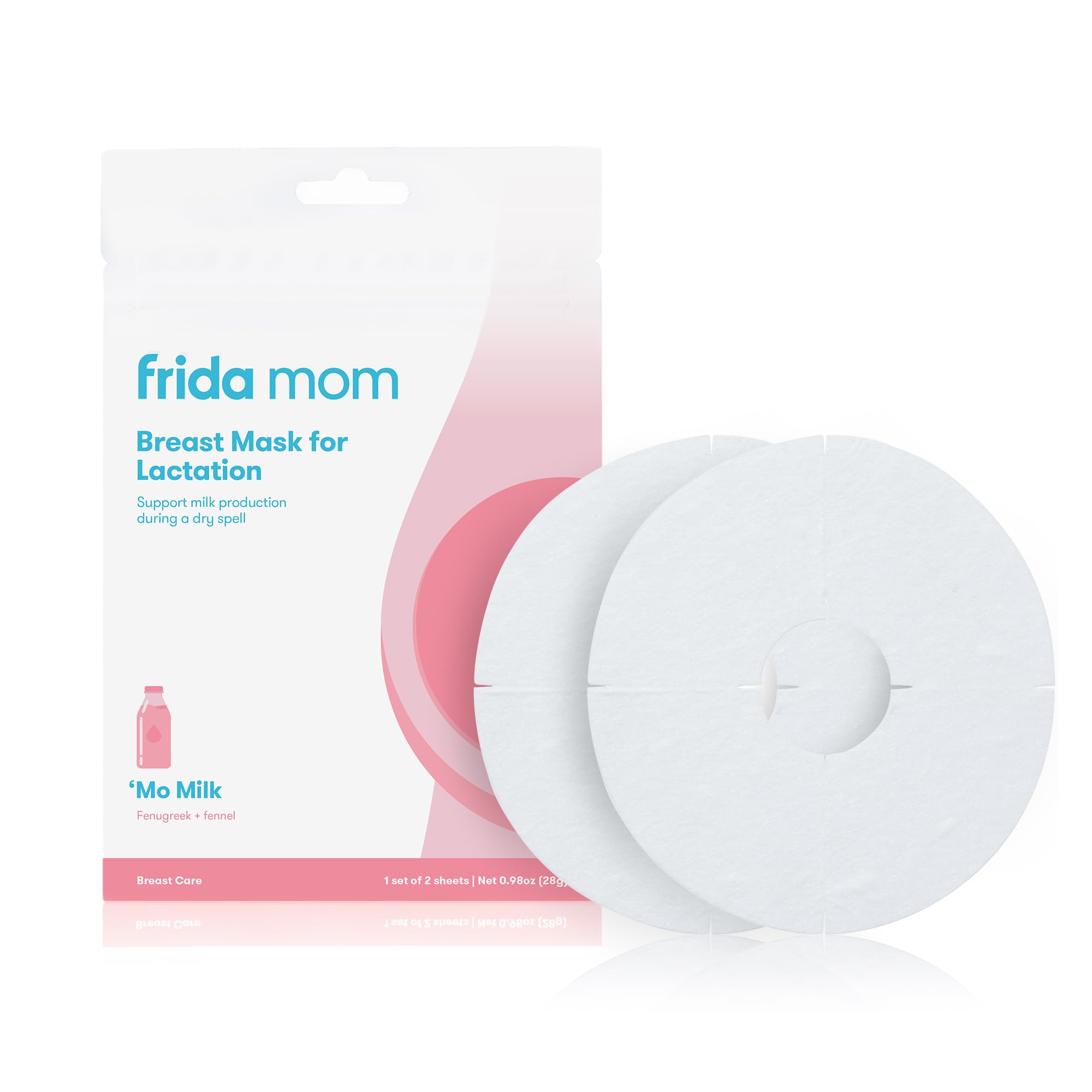 Frida Mom front packaging showing two lactation sheet masks and benefits